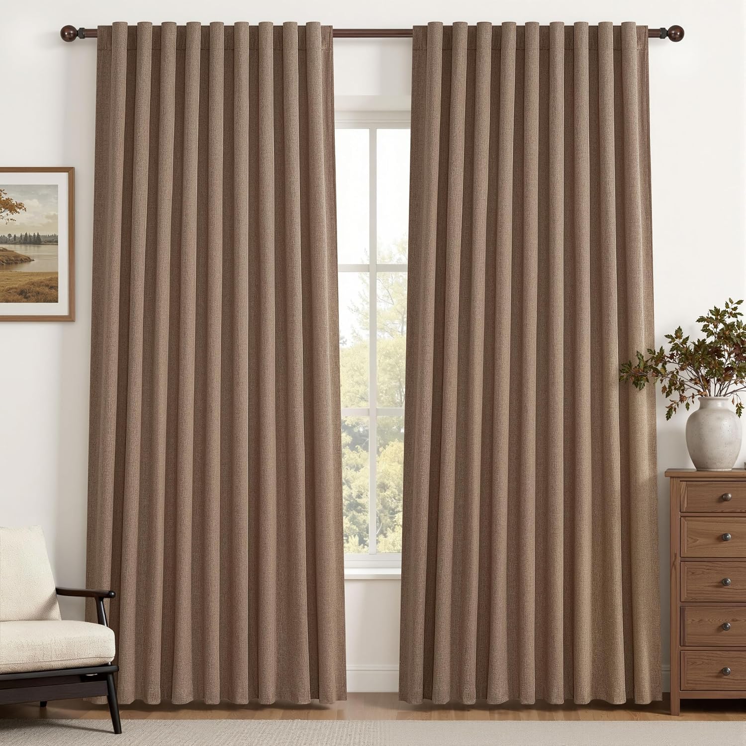 Qjmydeco Rust Brown Blackout Curtains 60 Inches Extra Wide Linen 90 Inch Length for Living Room, Pleated Farmhouse Bedroom Chocolate Thermal…
