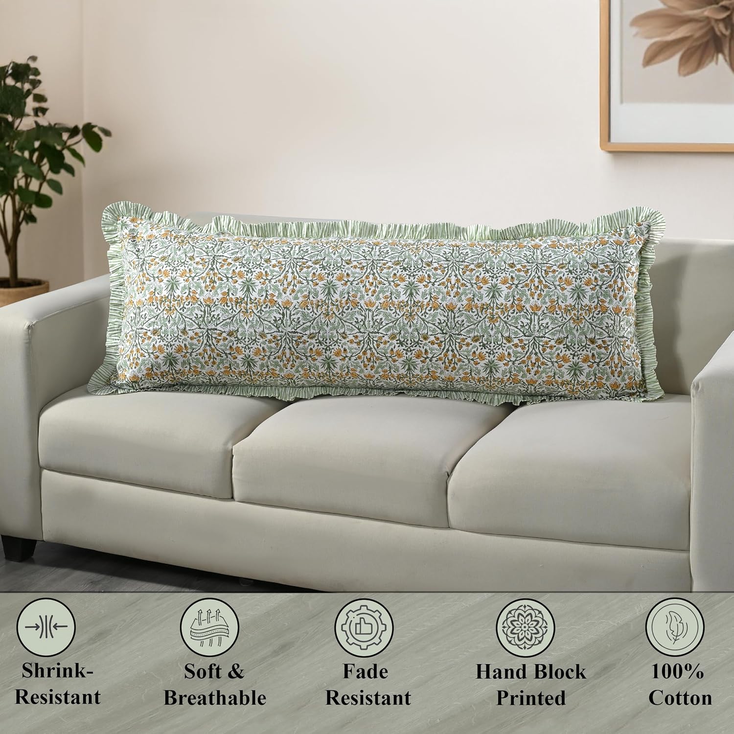 Ridhi Block Print Goldenrod Yellow 54"x20" Set 1-100% Cotton Ruffle Lumbar Sham Cover Boho Floral Pillowcase, Farmhouse Cottagecore…