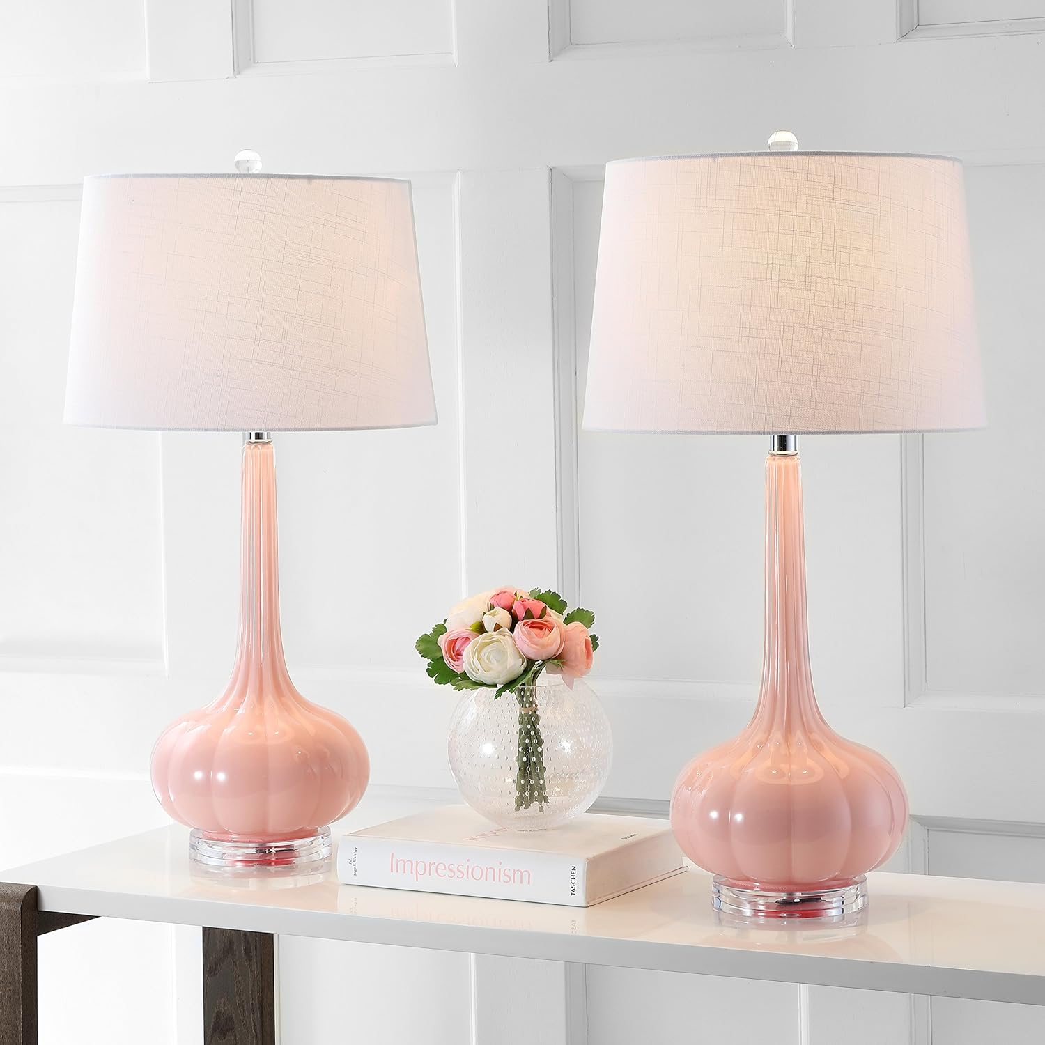 JONATHAN Y 28.5" Pink Glass Teardrop LED Table Lamp Set of 2 for Living Room Bedroom Nightstand, White Linen Shade Modern Transitional…