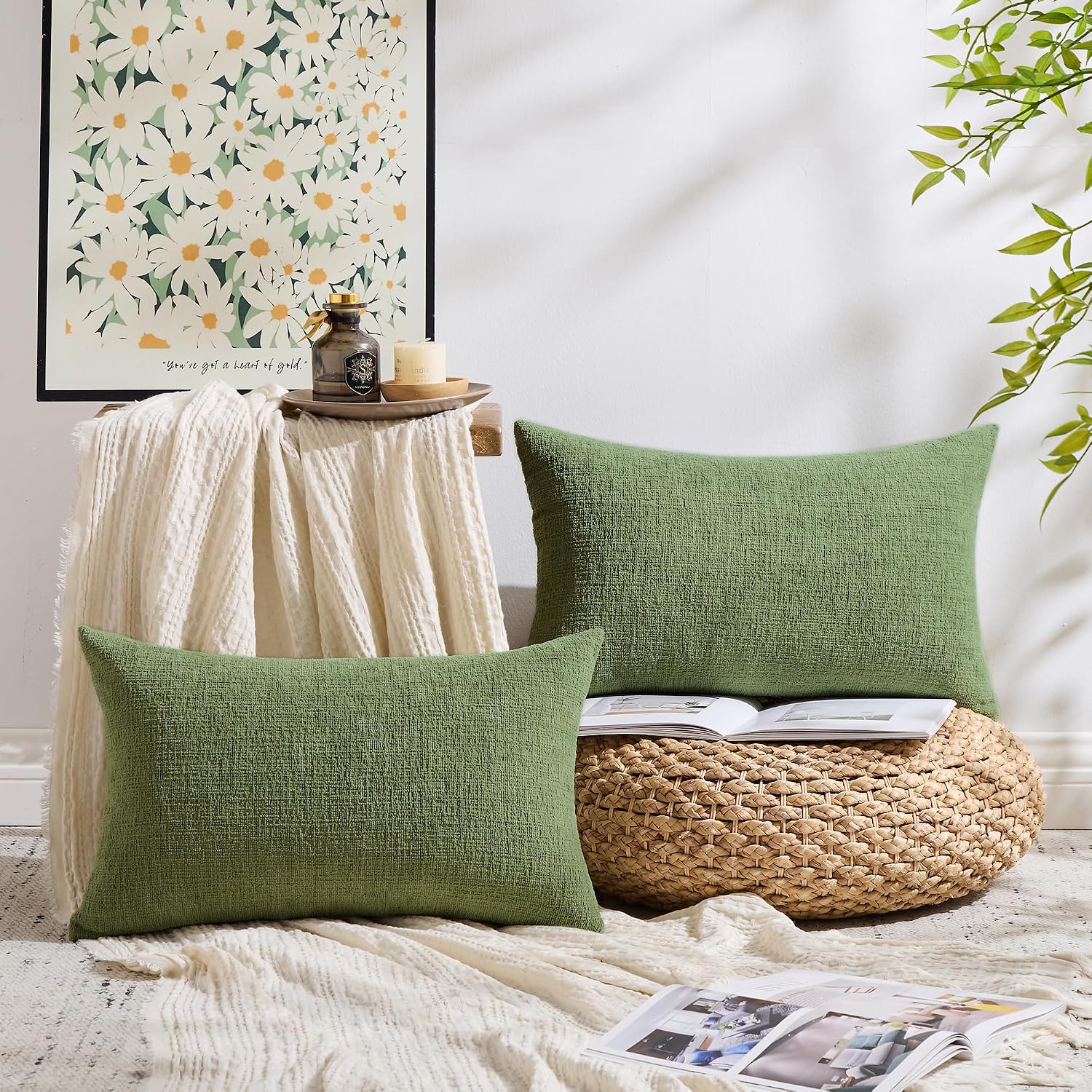 Gawamay Set of 2 Decorative Lumbar Soft Chenille Throw Pillow Covers 12x20 Inch (30x50 CM), Boho Farmhouse Cushion Cases, Couch Pillow Cove…