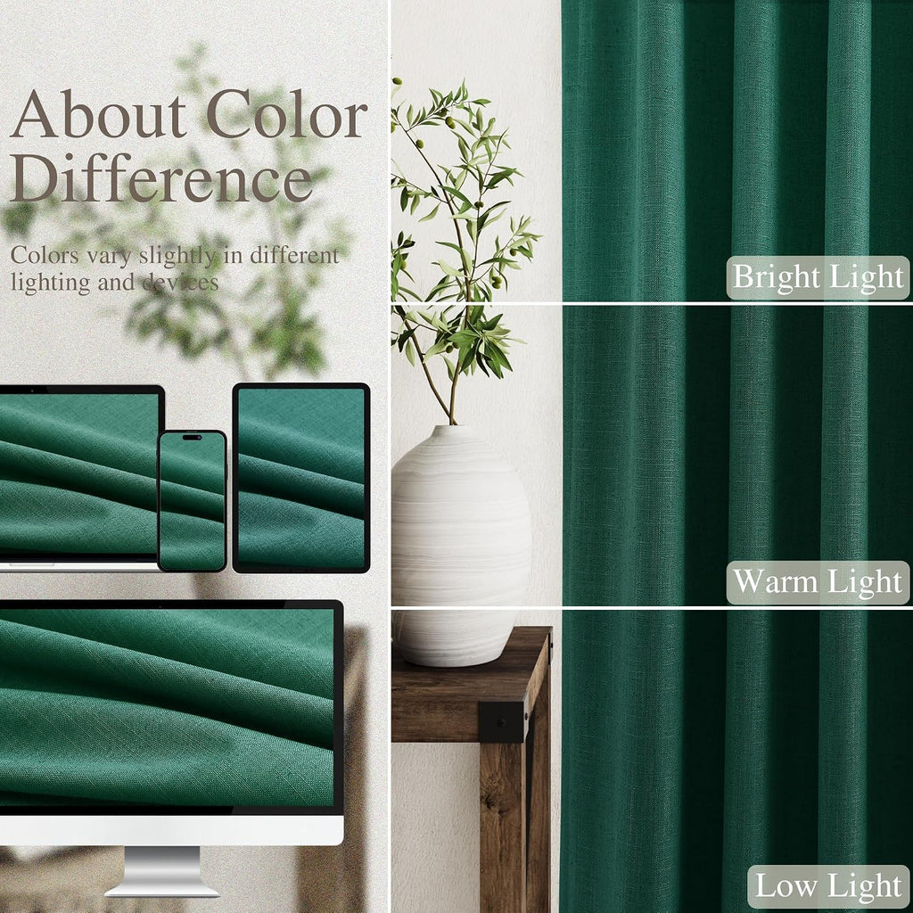Nanspring Dark Green 100% Blackout Linen Curtains for Bedroom 90 Inches Long Back Tab Thermal Insulated Vintage Boho Decor Black Out Curtai…