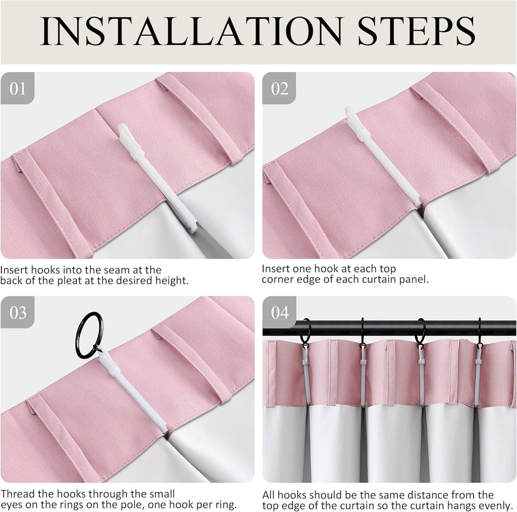 Boodii Pink 120 Inch Extra Long 100% Blackout Linen Pinch Pleated Curtains Thermal Insulated with Hooks & Rings for Girls Bedroom Nursery F…