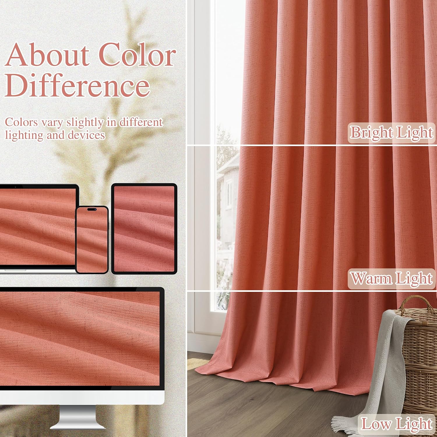 Guken Coral 100% Blackout Linen Curtains 108 Inch Length 2 Panels Set for Living Room Bedroom Back Tab Rod Pocket Thermal Insulated Farmhou…