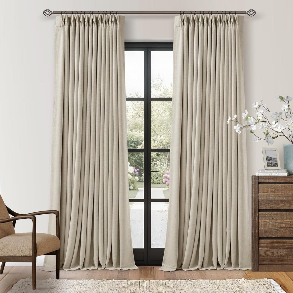 Twodrapes Beige Oatmeal Linen Pinch Pleated 100% Blackout Curtains 90 Inch Length 2 Panels Set Pinch Pleat Curtains Black Out Blocking Room…
