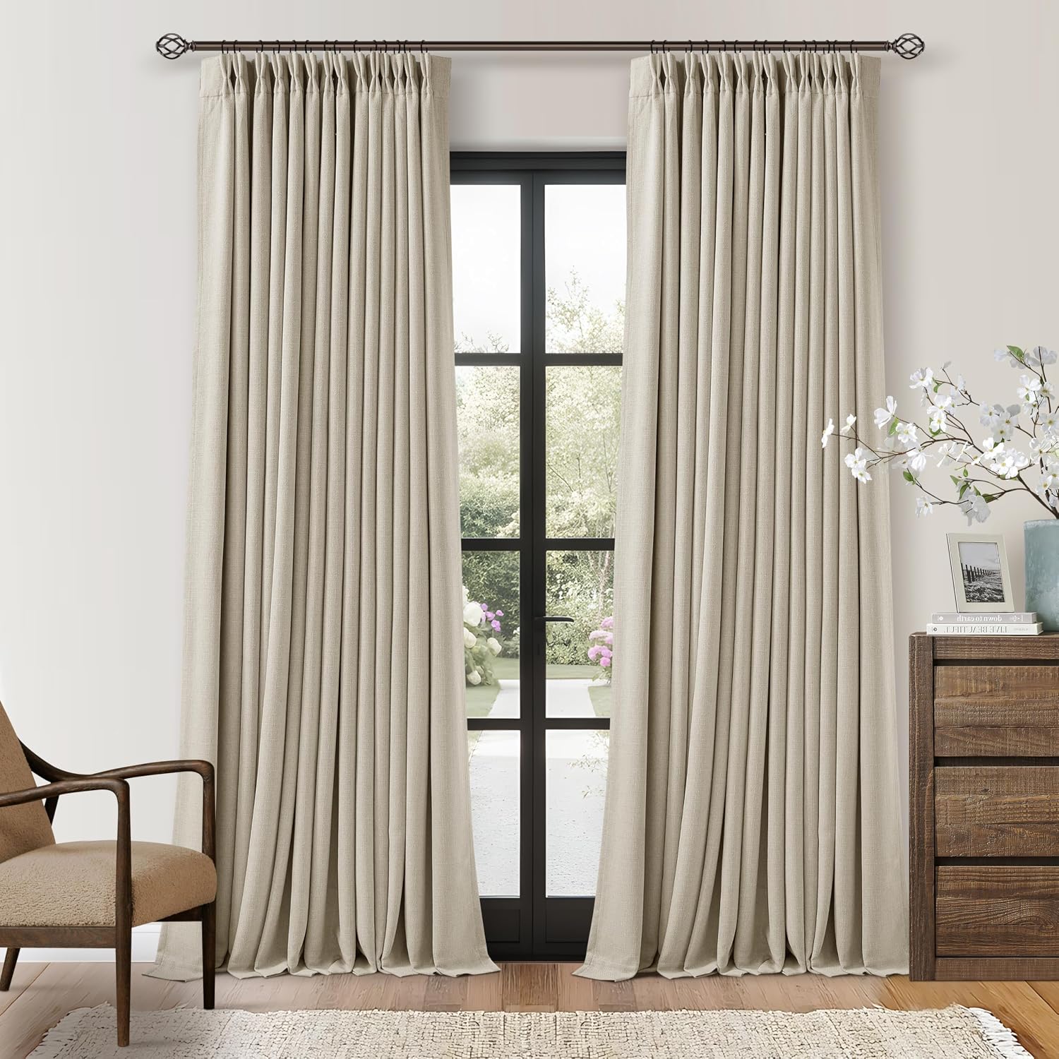 Twodrapes 108 Inch Pinch Pleat Blackout Curtains 108 Inches Long for Bedroom Neutral Farmhouse 100% Black Out Room Darkening Burlap Thick L…