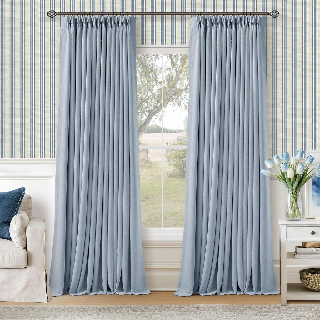 Twodrapes Light Blue 120 Inch Blackout Pinch Pleated Curtains 2 Panel Set for Living Room Darkening Thick Linen Textured 100% Black Out Dra…