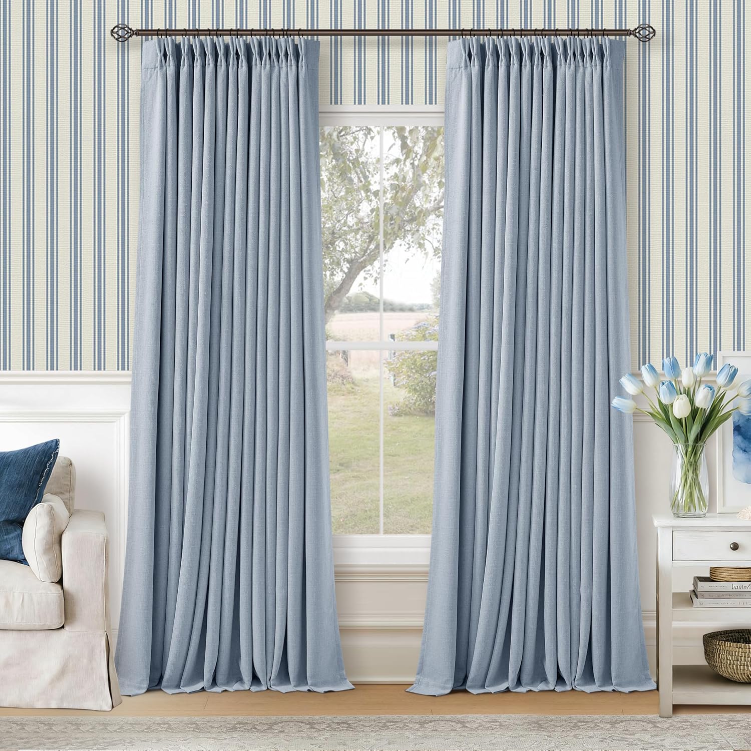 Twodrapes Light Blue 120 Inch Blackout Pinch Pleated Curtains 2 Panel Set for Living Room Darkening Thick Linen Textured 100% Black Out Dra…