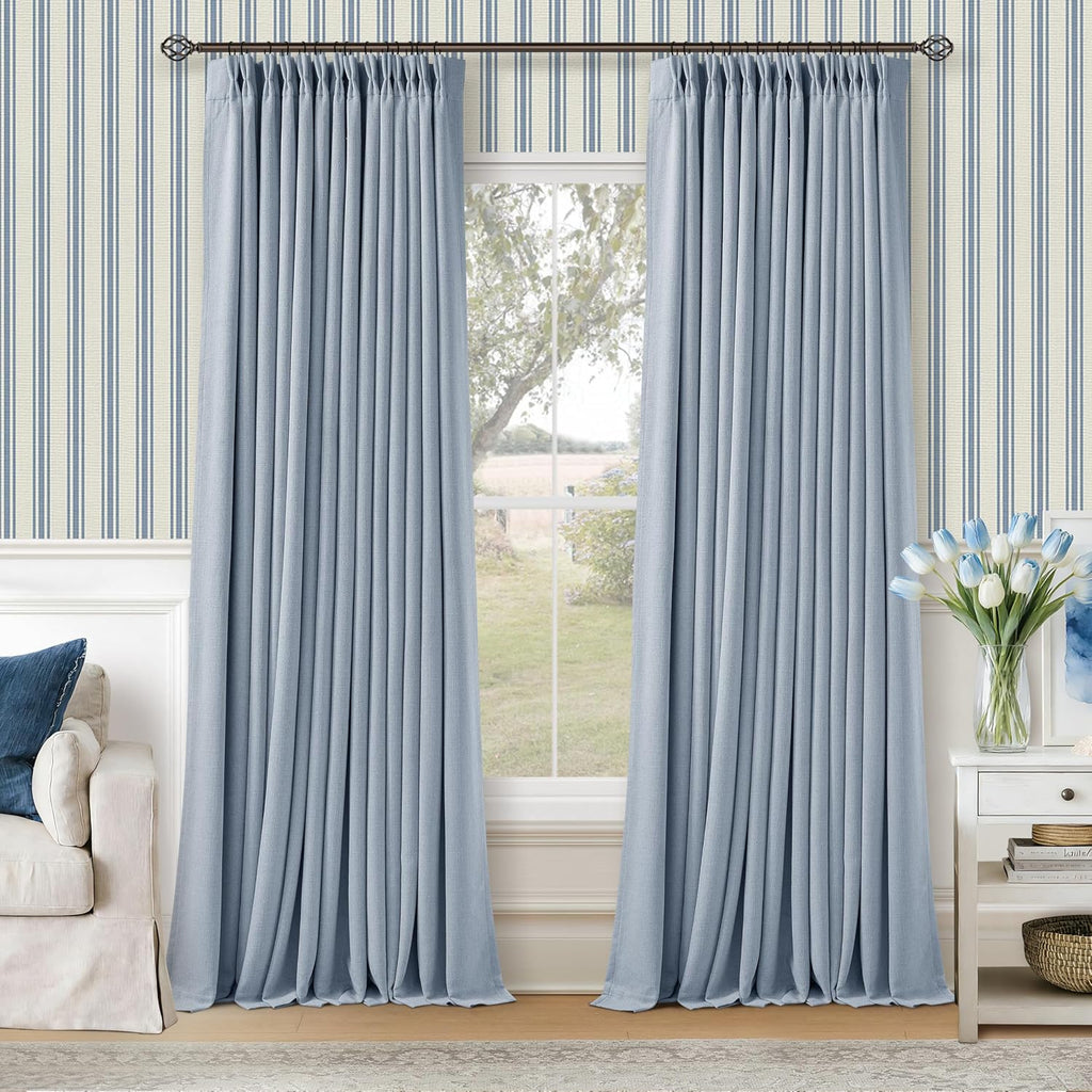 Twodrapes Light Blue Pinch Pleated Blackout Curtains 102 Inches Long for Kids Bedroom 100% Black Out Thick Linen Dual Layer Pleated Drapes…