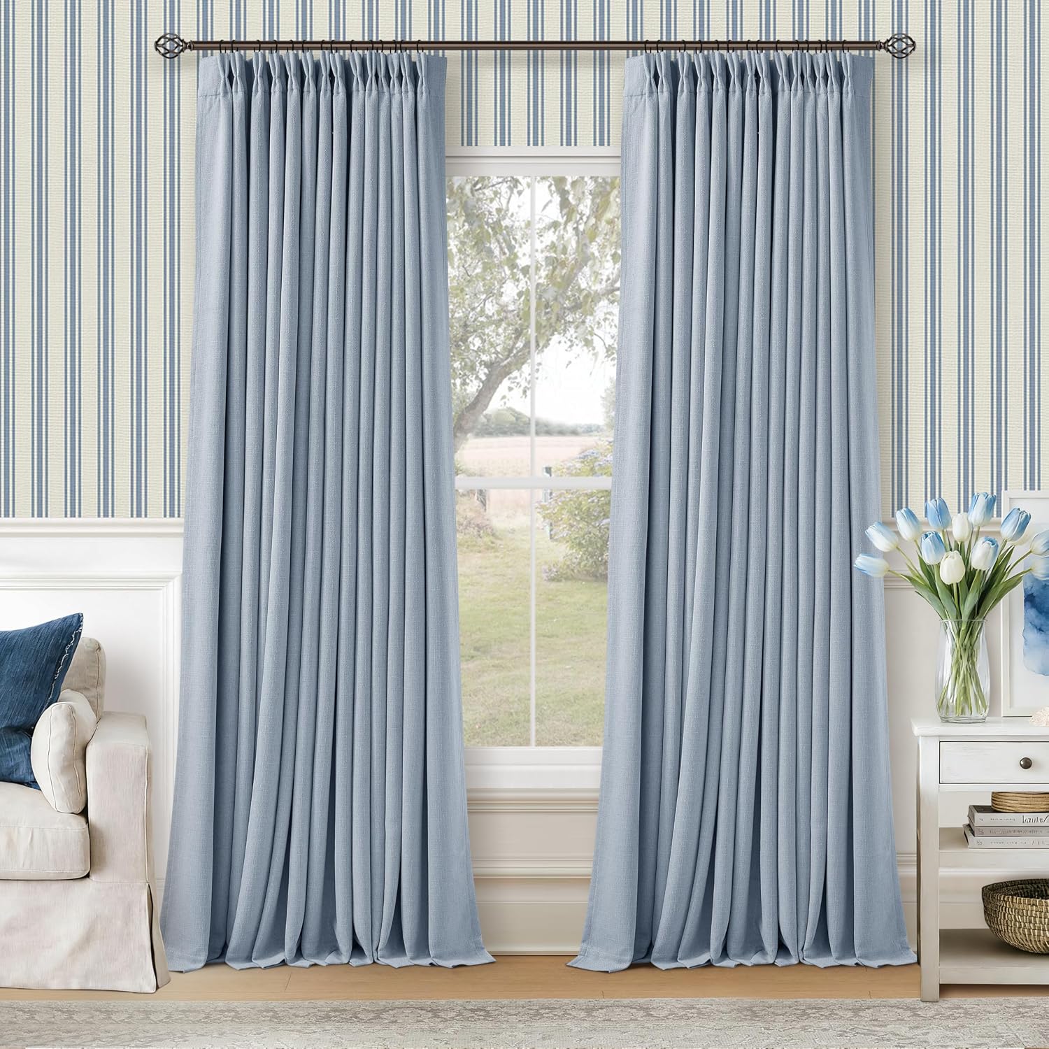 Twodrapes Light Blue Pinch Pleated Blackout Curtains 102 Inches Long for Kids Bedroom 100% Black Out Thick Linen Dual Layer Pleated Drapes…