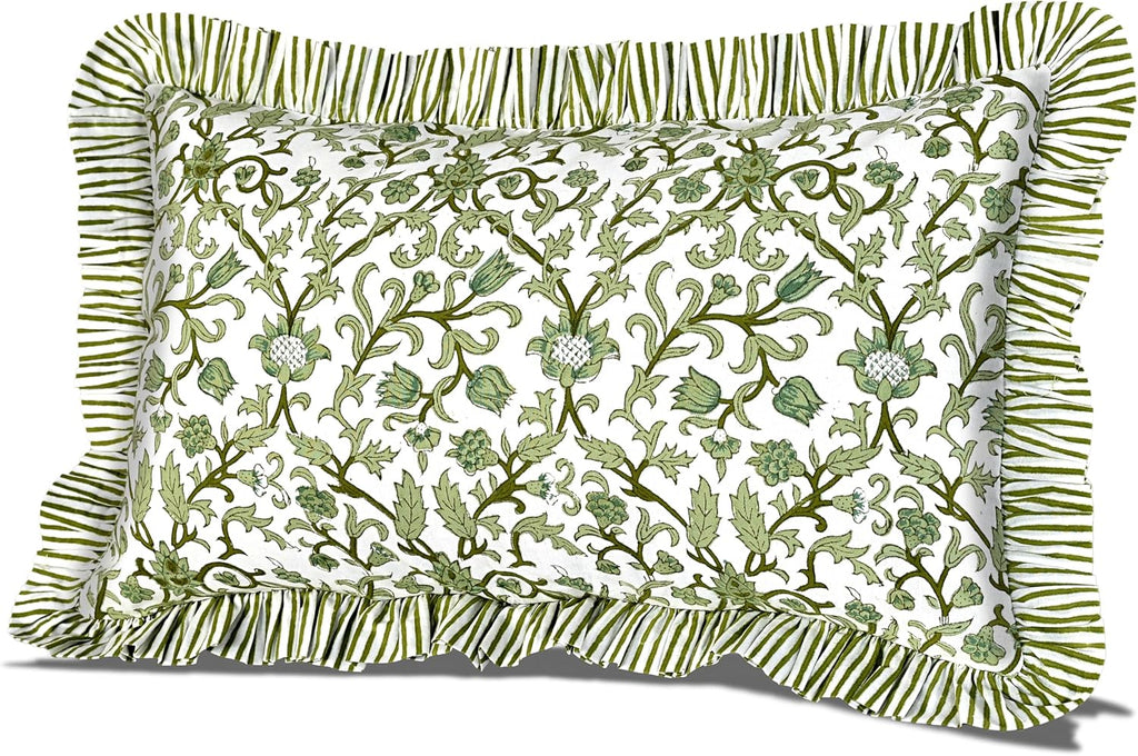 Cottonprintclub CPC Hand Block Print Meadow Vine Ruffle Sham Pillow Cover 20" x 12" inch Hidden Zipper Decorative Pillowcase for Couch, Bed…