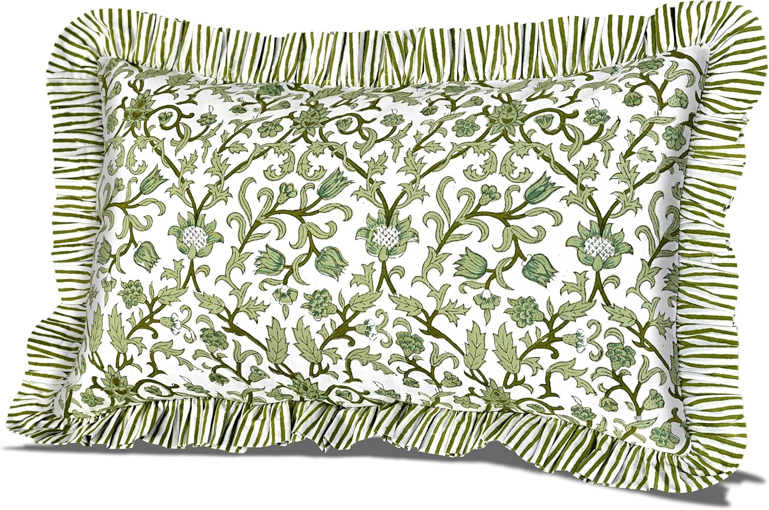 Cottonprintclub CPC Hand Block Print Meadow Vine Ruffle Sham Pillow Cover 20" x 12" inch Hidden Zipper Decorative Pillowcase for Couch, Bed…