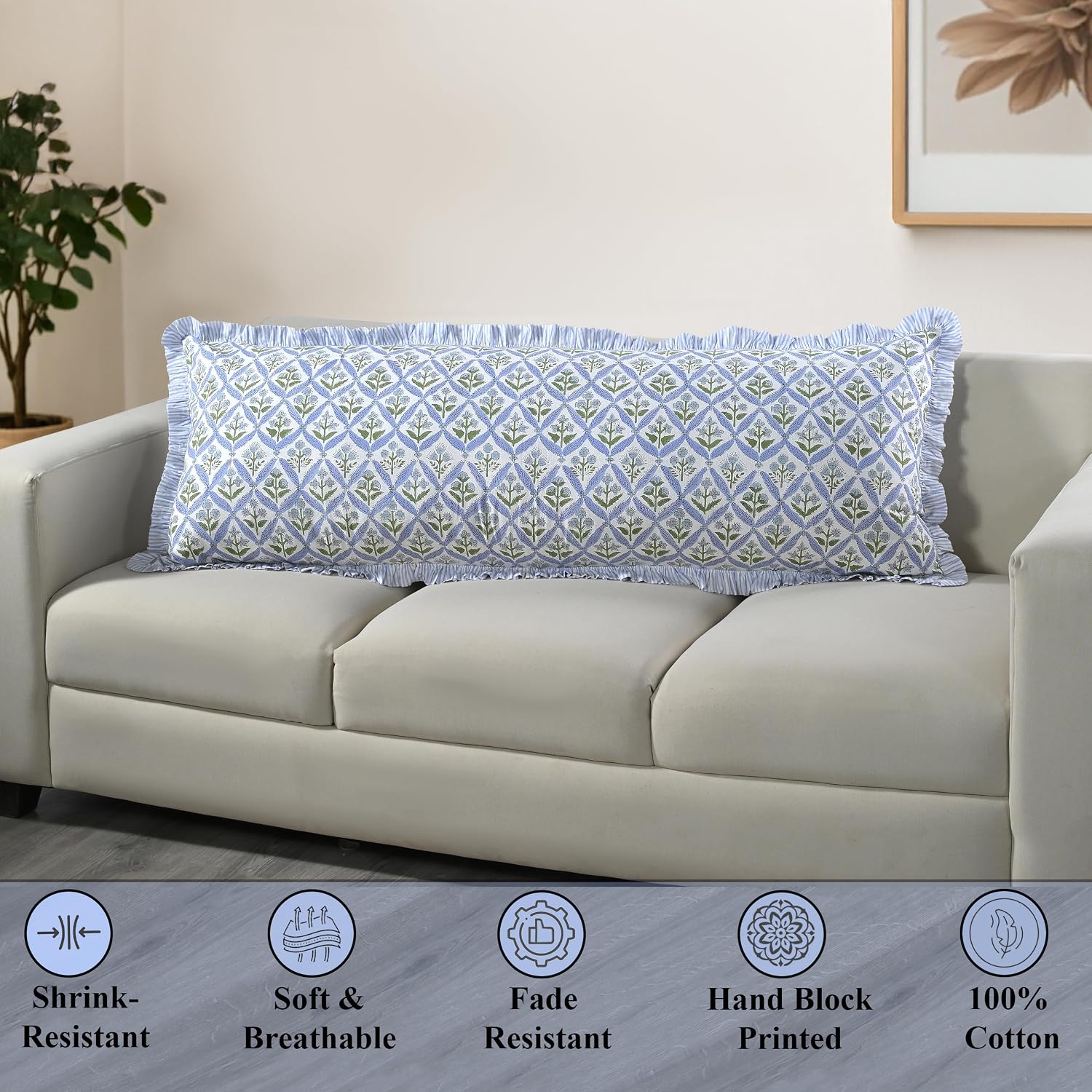 Ridhi Block Print Light Steel Blue 54"x20" Set 1-100% Cotton Ruffle Lumbar Sham Cover Boho Floral Pillowcase, Farmhouse Cottagecore…
