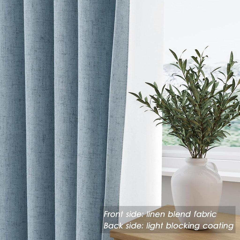 Nanspring Blue 100% Blackout Linen Curtains for Bedroom 90 Inches Long Back Tab Thermal Insulated Luxury Modern Farmhouse Decor Black Out C…