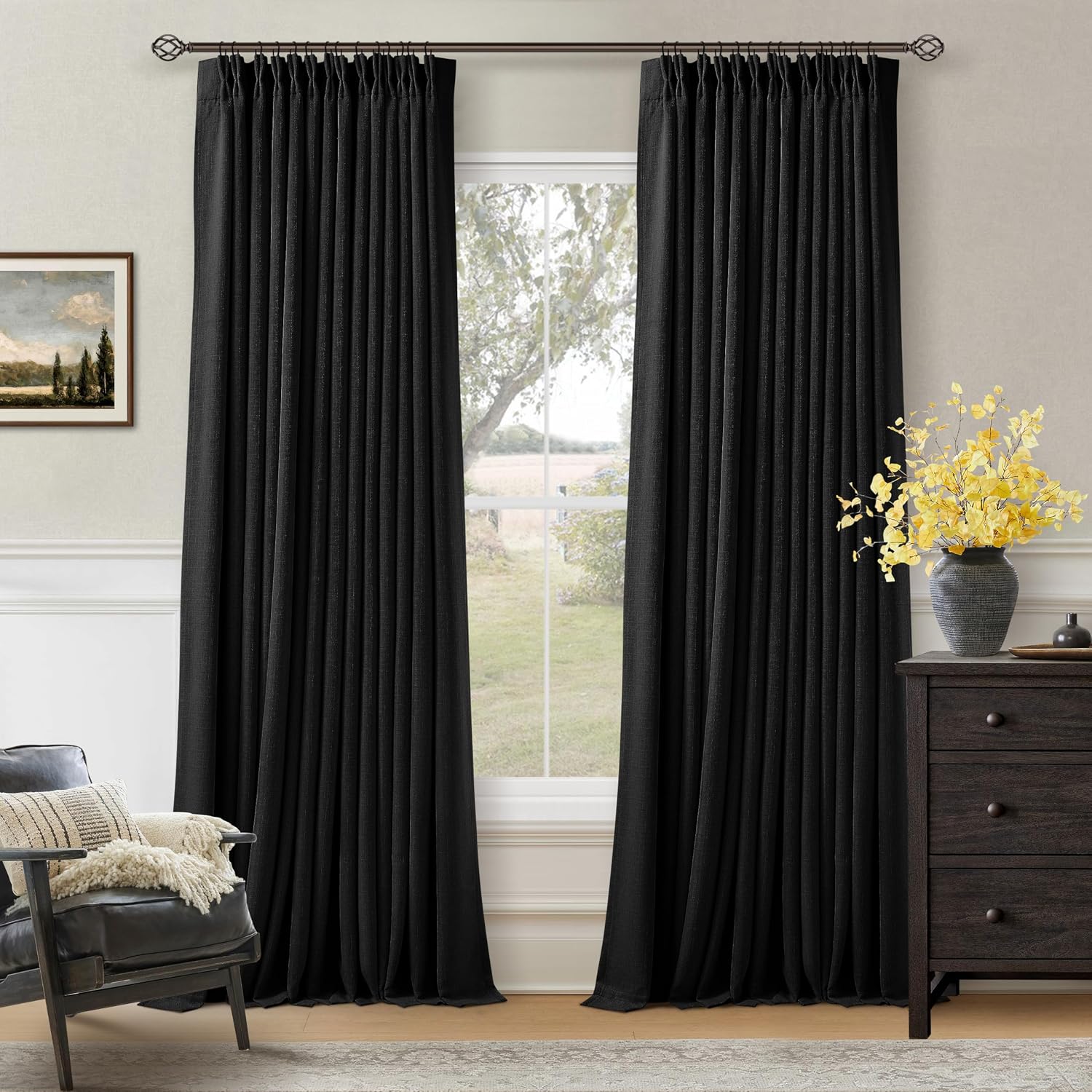 Twodrapes Black Pinch Pleated Blackout Linen Curtains 120 Inches Long for Living Room Bedroom 2 Panels Room Darkening Thermal Insulated Neu…
