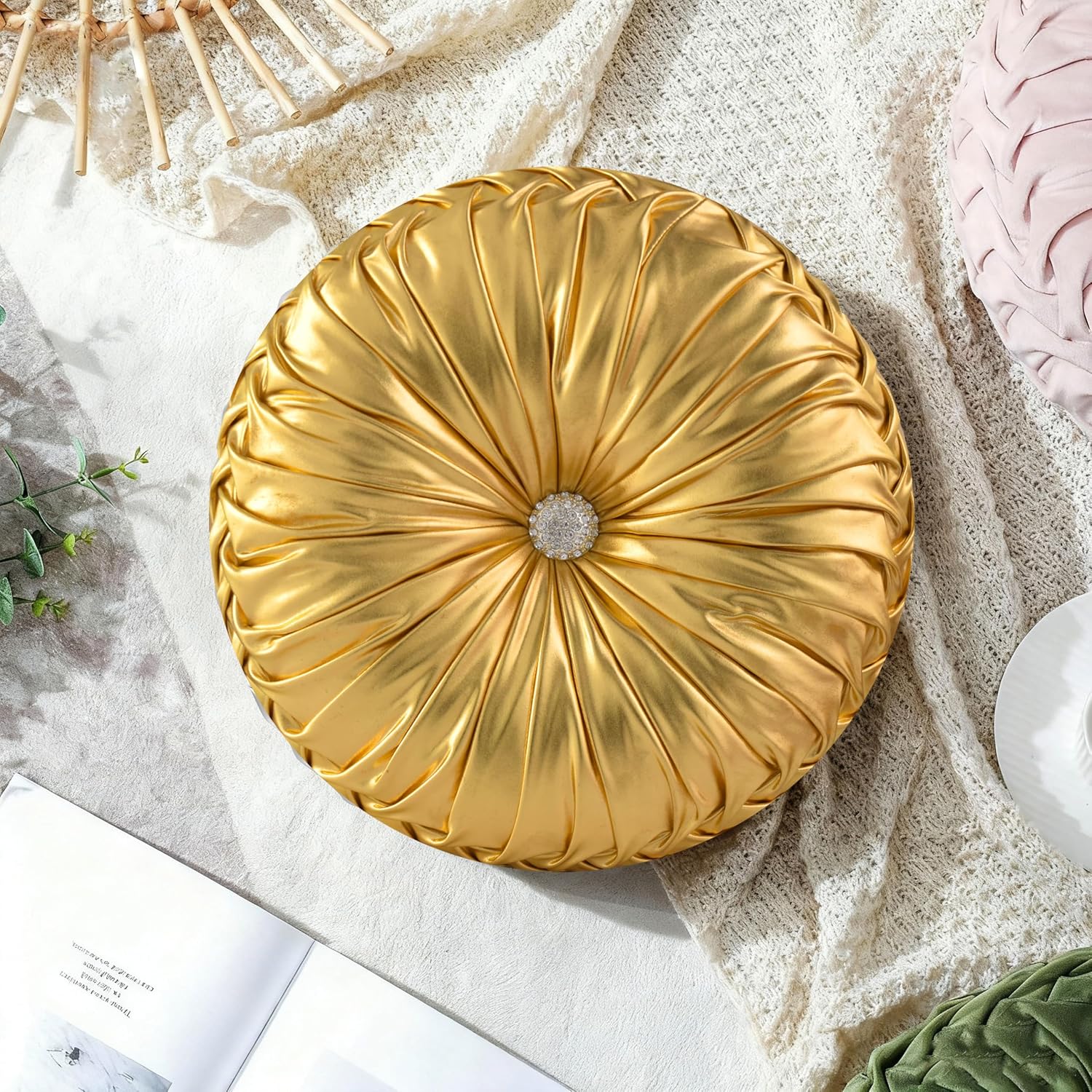 HIG Set of 2 Handcrafted Gold Ruched Round Throw Pillows – 14.5’’ Metallic Leather Decorative Pillows with Soft Polyester Filling for…