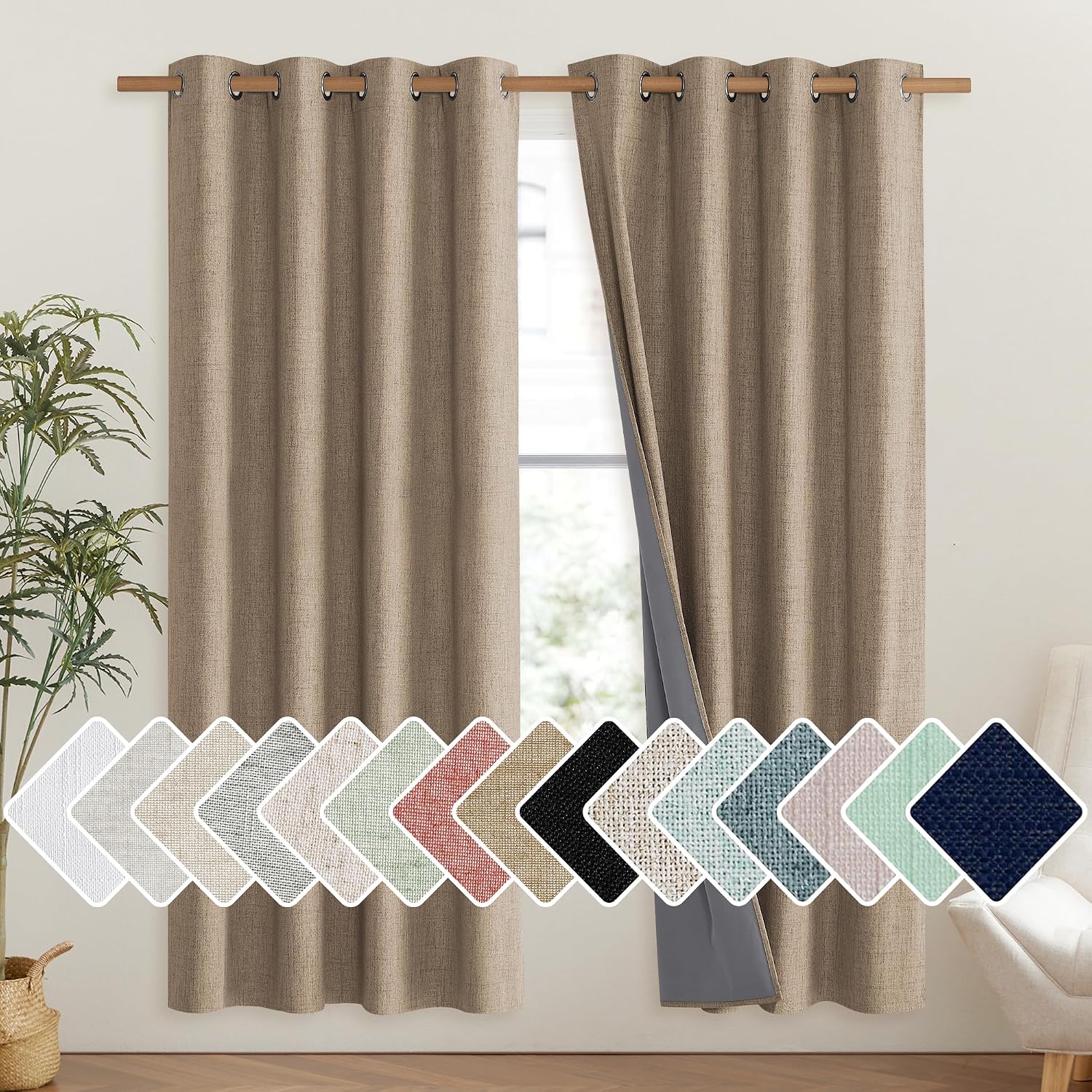 NICETOWN Burlap Vintage Open Linen Weave Flax Thermal Curtains, 100% Blackout Curtains 72" Long for Dining Room, Soundproof Window…