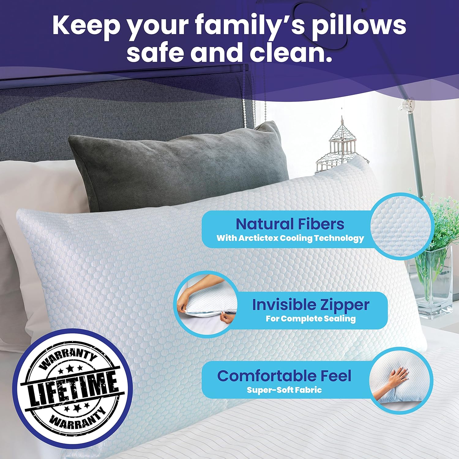 Queen Size Waterproof Cooling Pillow Protector by Slumberfy - Premium Skin-Safe Cover with Zipper Closure - Natural Fabric with ArcticTex…