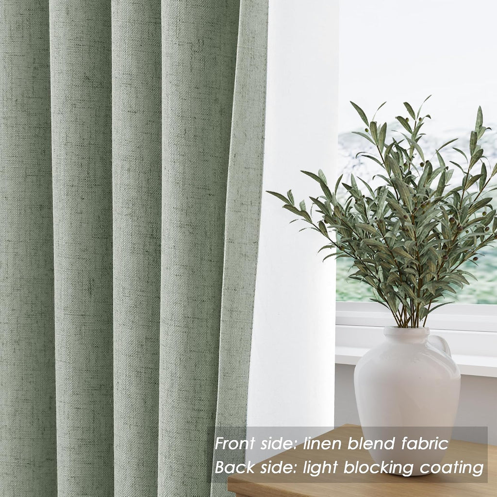Nanspring Desert Sage 100% Blackout Linen Curtains for Bedroom 90 Inches Long Back Tab Thermal Insulated Modern Farmhouse Decor Black Out C…