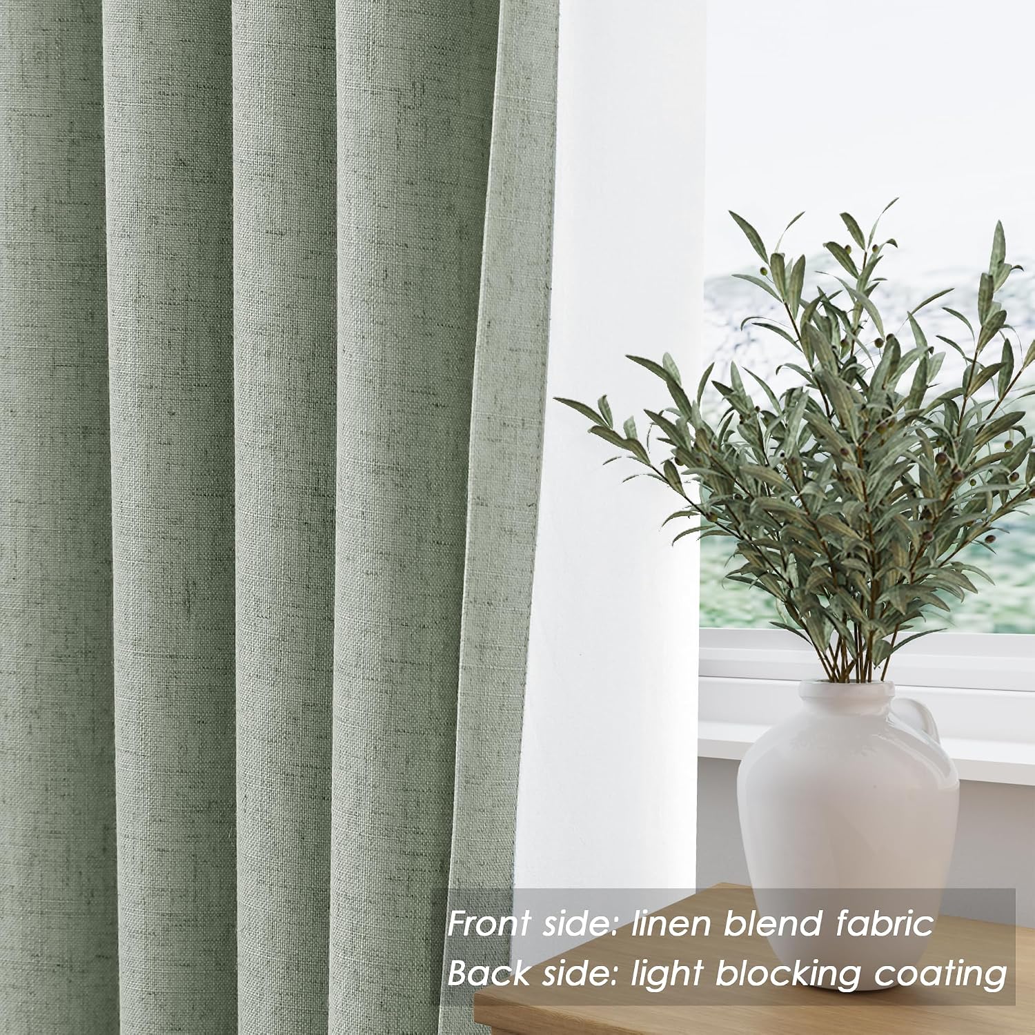 Nanspring Desert Sage 100% Blackout Linen Curtains 84 Inch Length 2 Panels Set for Bedroom Back Tab Modern Farmhouse Decor Black Out Curtai…