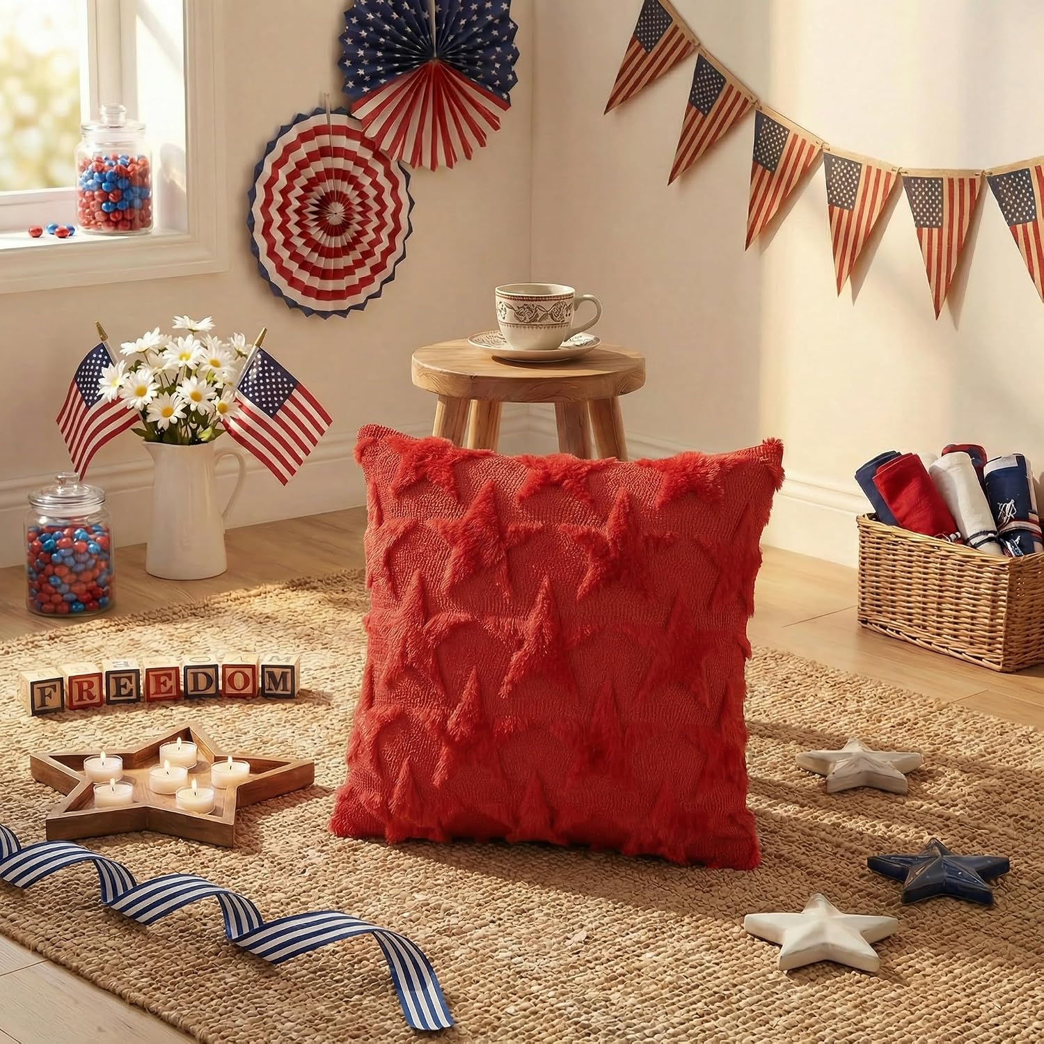 AVOIN colorlife 4th of July Stars Red Patriotic Throw Pillow Covers, 20 x 20 Inch Independence Memorial Day Soft Plush Faux Fur Jacquard…