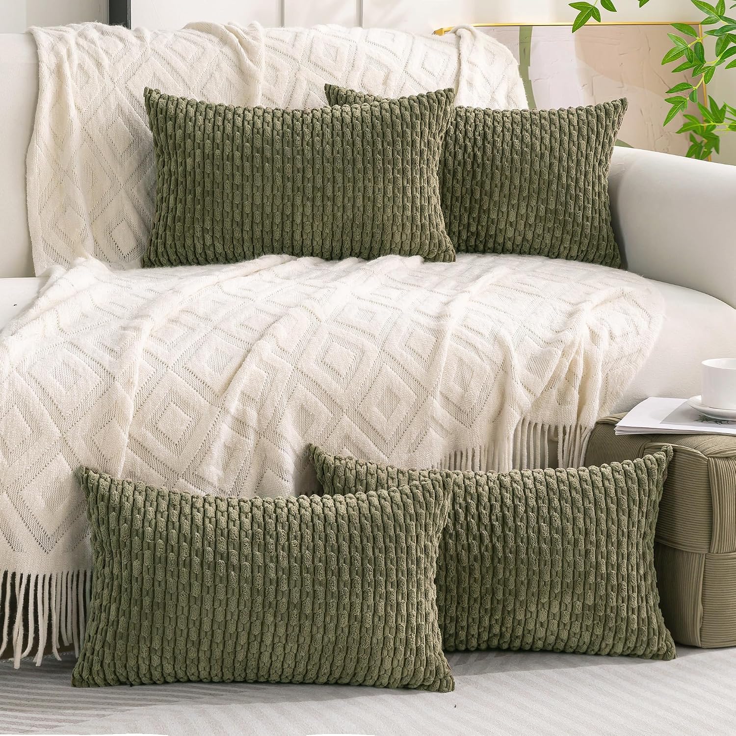 Cozoomy Set of 4 Olive Green Decorative Throw Pillow Covers 12x20 Inch Corduroy Pillow Covers for Bed Couch Sofa Living Room Soft Cushion C…