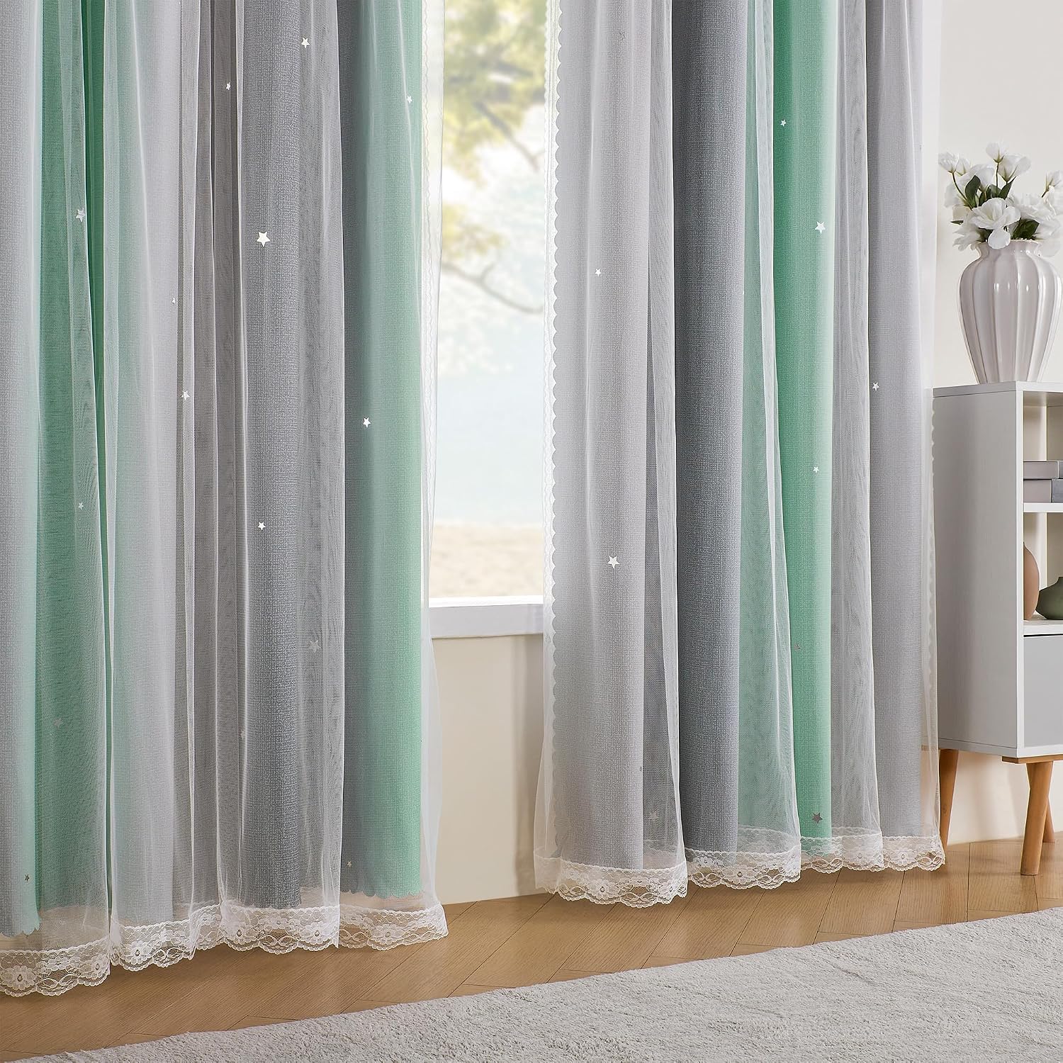Addsomecolortolife XiDi Bedroom Decor Blackout Curtains for Girl & Kids Room - Rainbow, Unicorn Wall Decals - Green, Light Grey - 52x63 Inc…