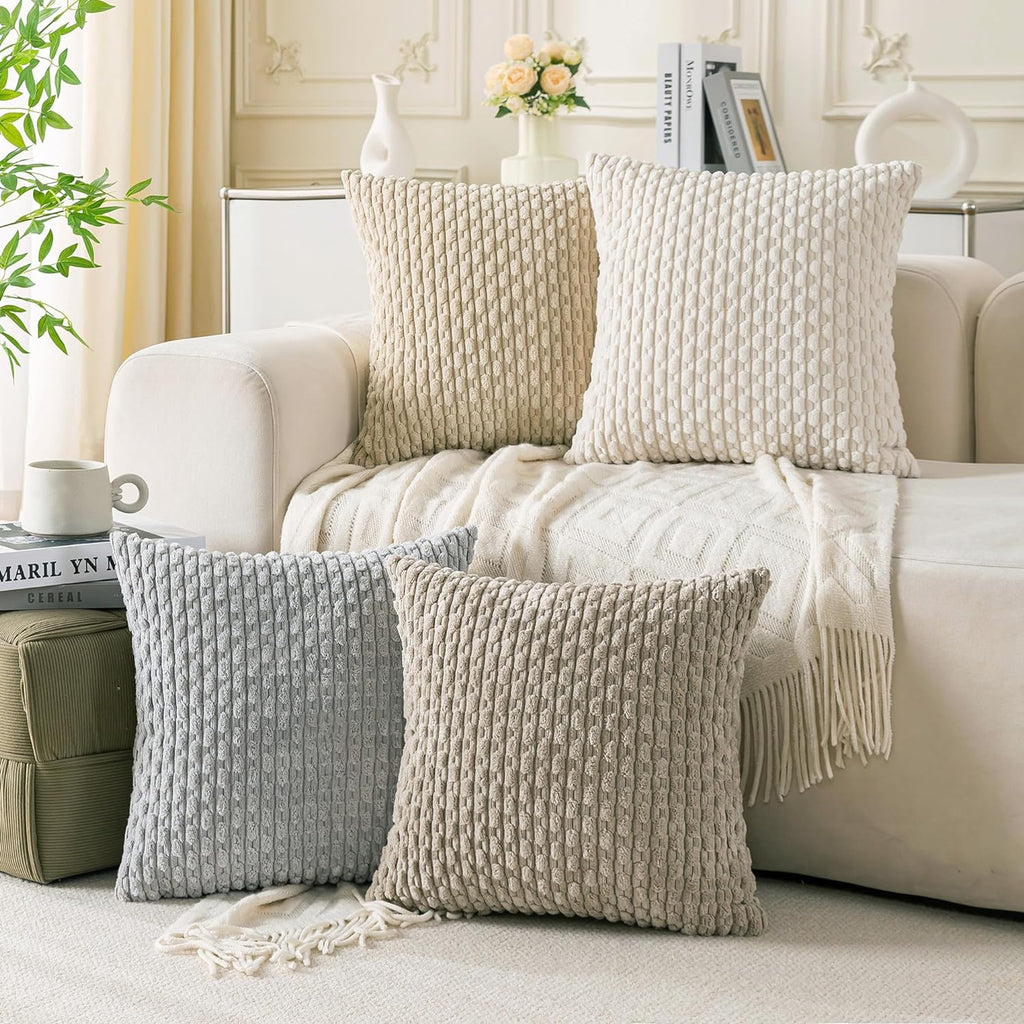 Cozoomy Set of 4 Neutral Decorative Throw Pillow Covers 16x16 Inch Corduroy Pillow Covers for Bed Couch Sofa Living Room Soft Square Cushio…