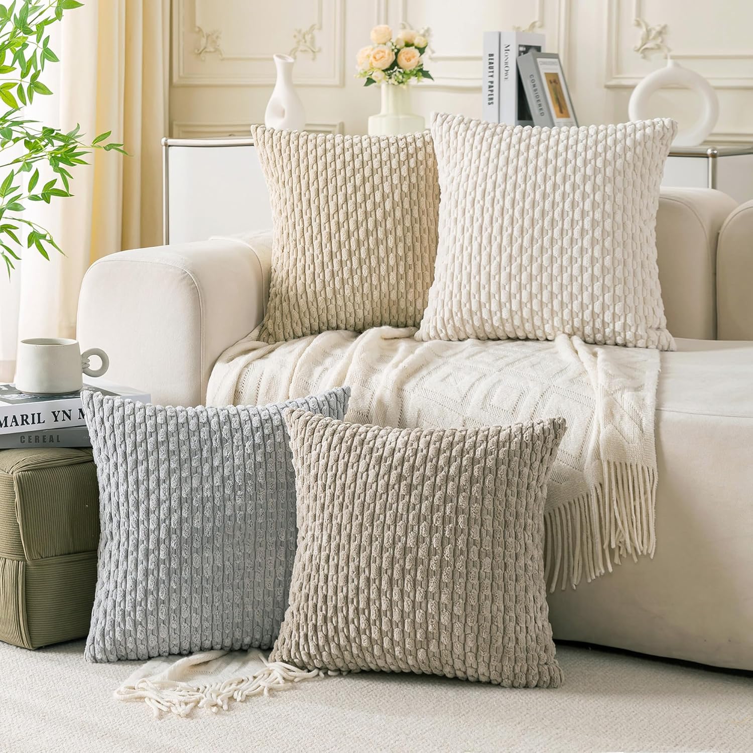 Cozoomy Set of 4 Neutral Decorative Throw Pillow Covers 18x18 Inch Corduroy Pillow Covers for Bed Couch Sofa Living Room Soft Square Cushio…