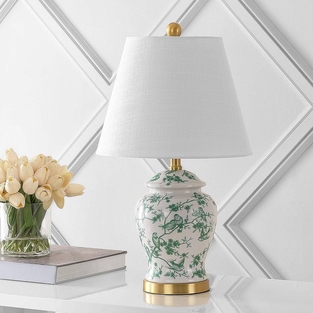 JONATHAN Y 22" White/Green Ceramic Table Lamp, French Country Chinoiserie Ginger Jar LED Bedside Lamp for Living Room Bedroom, White…