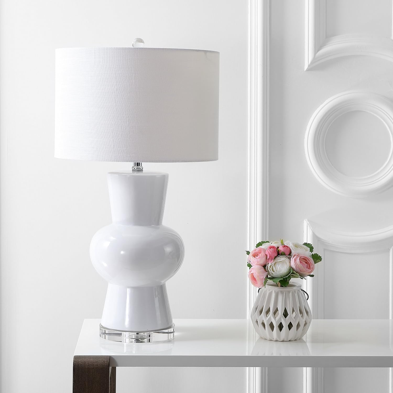 JONATHAN Y 28.5" White Ceramic Table Lamp for Living Room Bedroom Nightstand, Modern Hourglass LED Bedside Lamp with Crystal Base and…