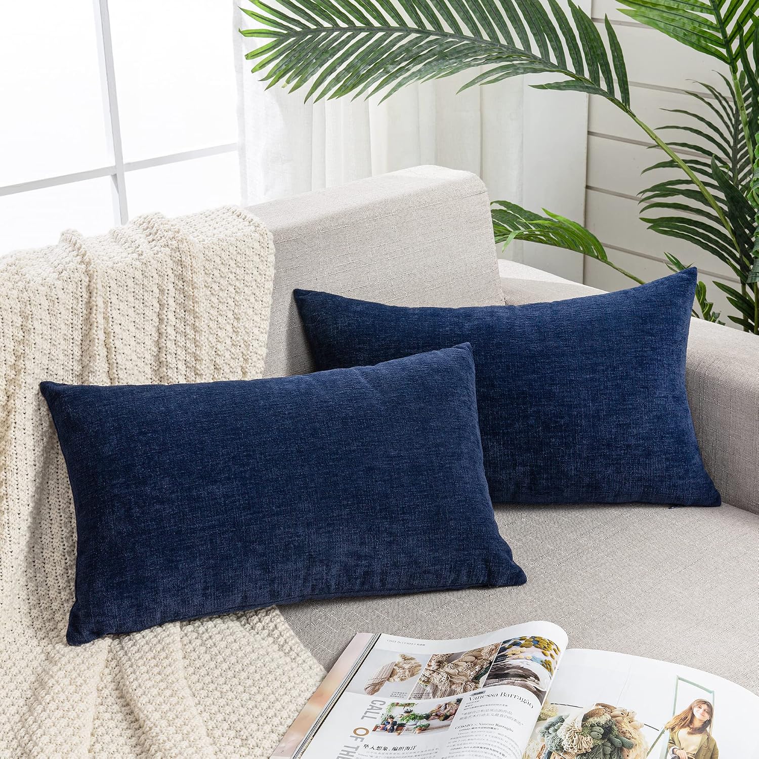 Gawamay Lumbar Support Pillow Decorative Rectangle Throw Pillow Covers 12"x20" Inch Set of 2, Soft Chenille Pillowcase for Living Room Bedr…