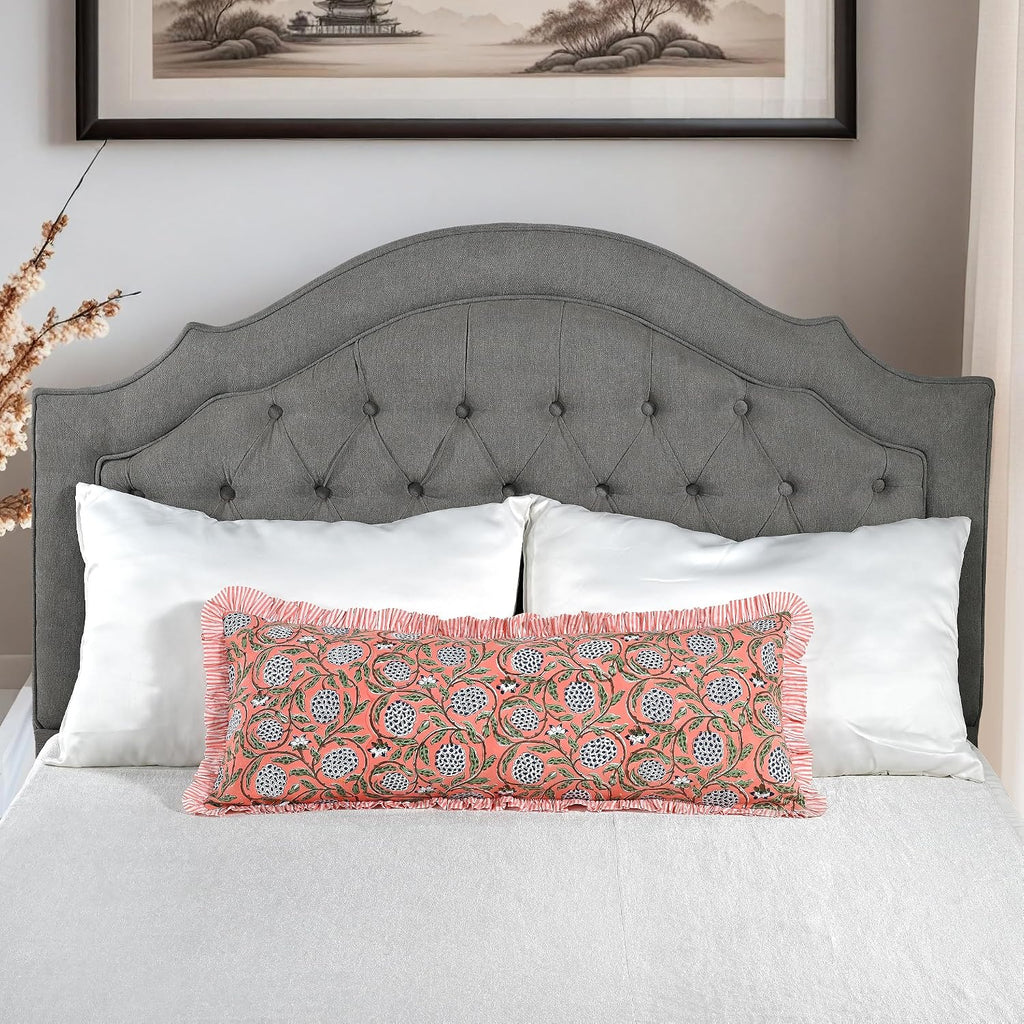 Ridhi Block Print Dark Salmon Pink 36"x14" Set 1-100% Cotton Ruffle Lumbar Sham Cover Boho Floral Pillowcase, Farmhouse Cottagecore…