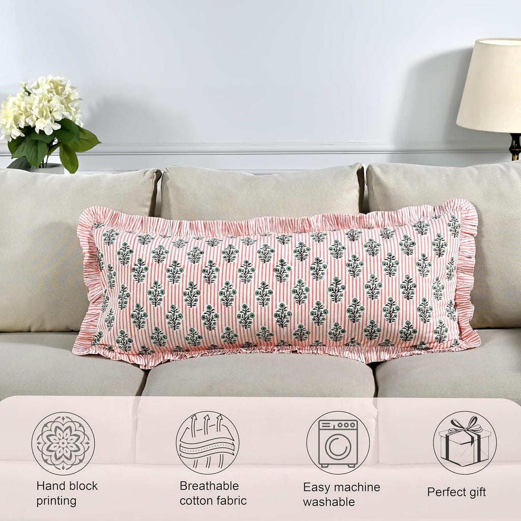 Ridhi Block Print Salmon Blossom 36"x14" Set 1-100% Cotton Ruffle Lumbar Sham Cover Boho Floral Pillowcase, Farmhouse Cottagecore…