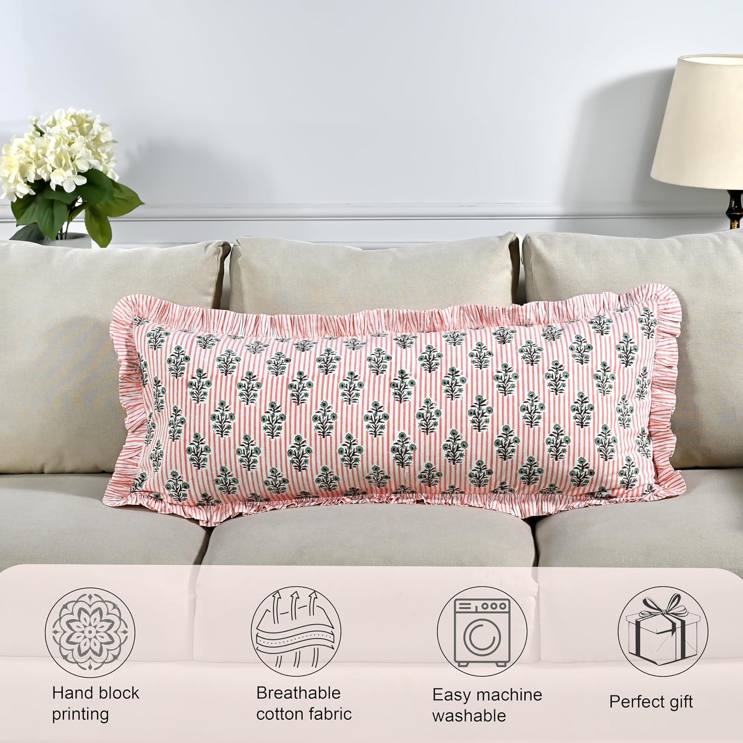 Ridhi Block Print Salmon Blossom 36"x14" Set 1-100% Cotton Ruffle Lumbar Sham Cover Boho Floral Pillowcase, Farmhouse Cottagecore…