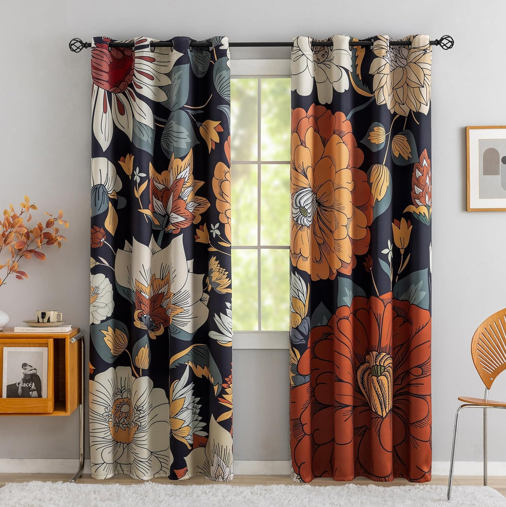 Tyrot Black Boho Floral 100% Blackout Curtains for Bedroom 72 inch Long 2 Panels Mid Century Botanical Black Out Curtains for Living Room…