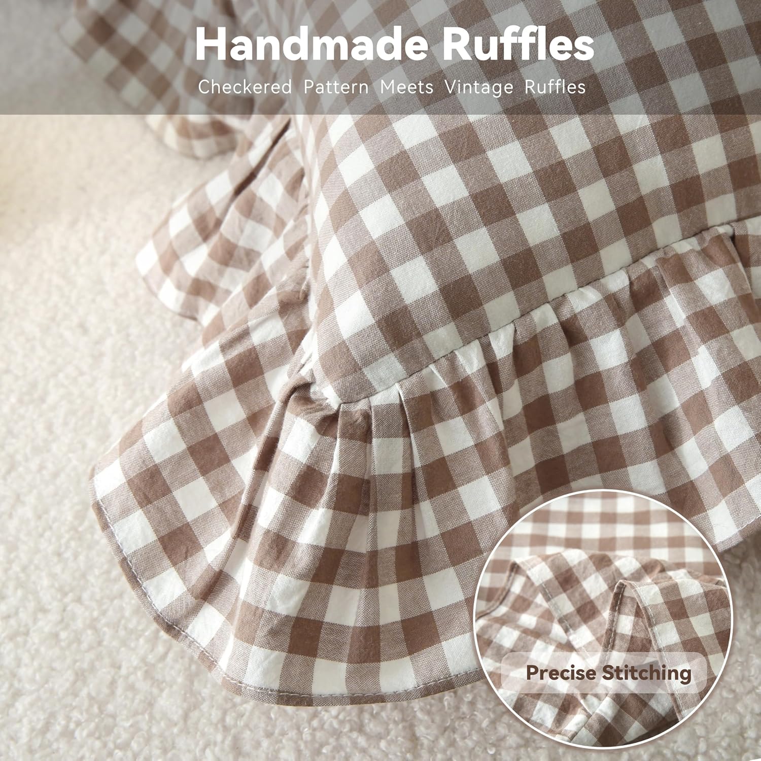 Jilboo Gingham Pillow Covers (2 Pack) - 22 x22 Inches Warm Taupe/White Plaid, 100% Washed Cotton Vintage Ruffle Decorative Throw Pillowcase…