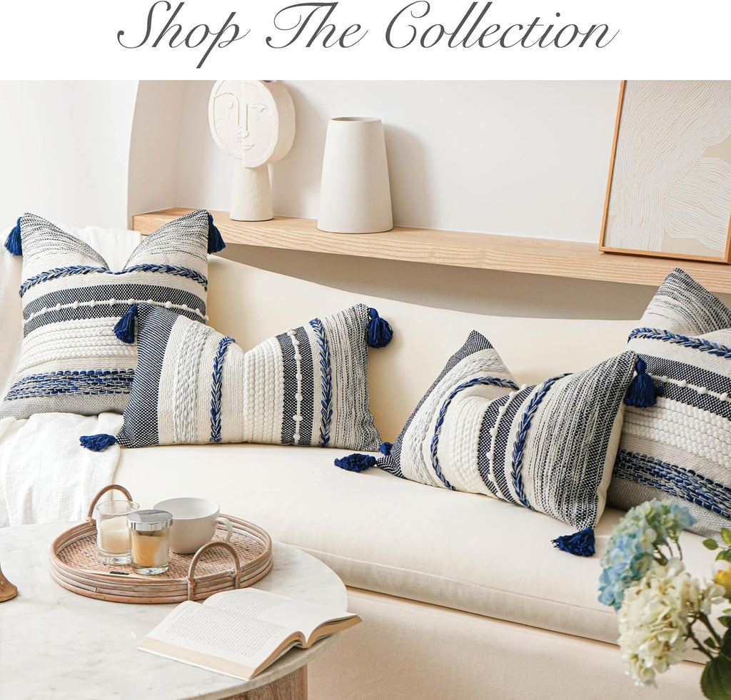 BlissBlush Navy Dark Blue Decorative Throw Pillow Cover 18x18 Square Boho Accent Pillowcase Tassels Farmhouse Cushion for Couch Sofa…