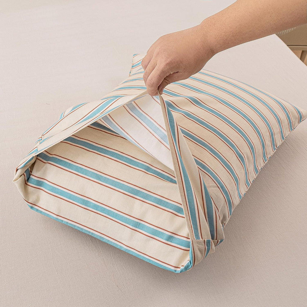 ECOCOTT Striped Pillowcases Standard Size Set of 2, 100% Washed Cotton Pillow Cases with Envelope Closure, Blue&Brown Ticking Stripe…