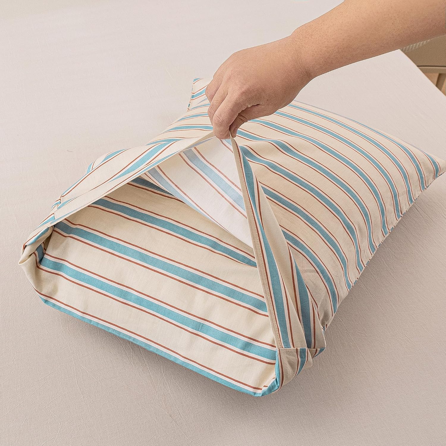 ECOCOTT Striped Pillowcases Standard Size Set of 2, 100% Washed Cotton Pillow Cases with Envelope Closure, Blue&Brown Ticking Stripe…