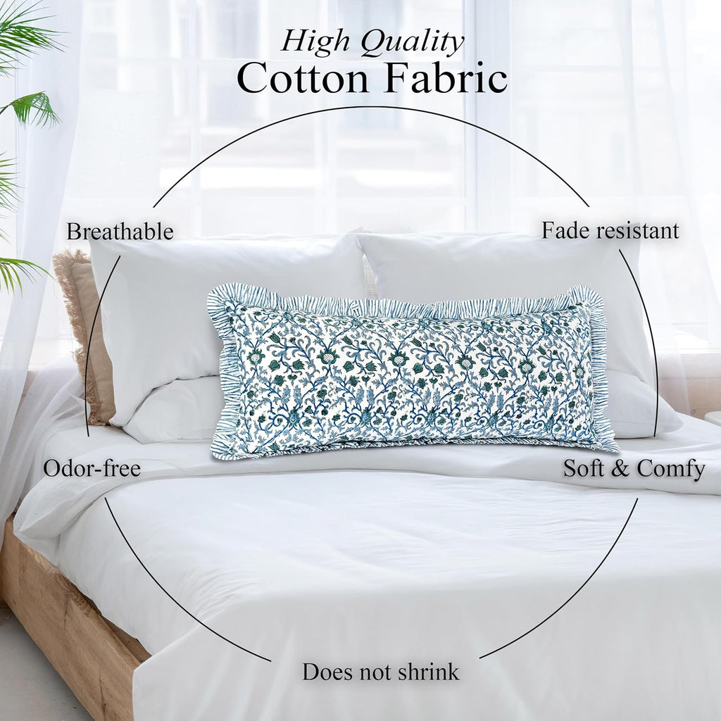Cottonprintclub CPC Hand Block Print Ocean Vine Ruffle Sham Pillow Cover 36" x 14" inch Hidden Zipper Decorative Pillowcase for Couch, Bed,…