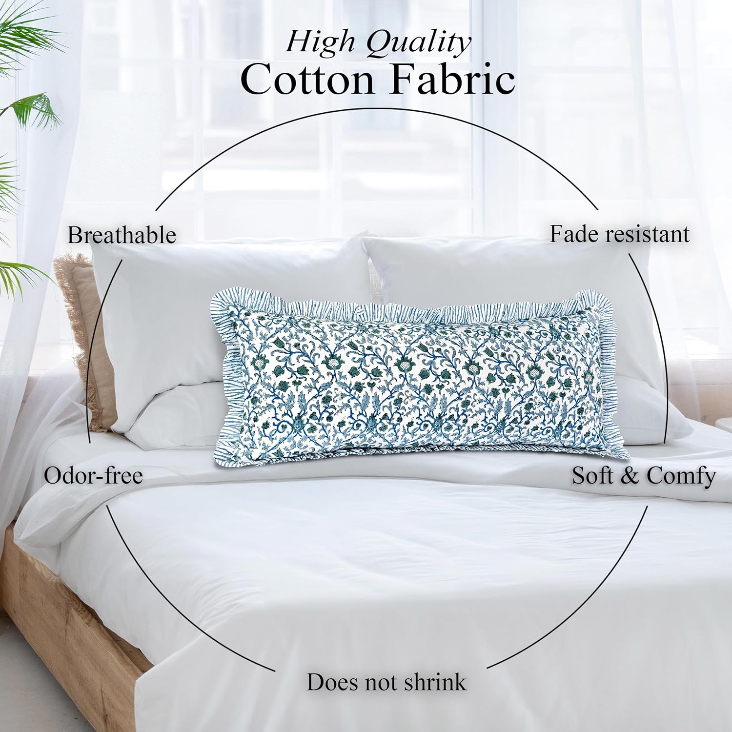 Cottonprintclub CPC Hand Block Print Ocean Vine Ruffle Sham Pillow Cover 36" x 14" inch Hidden Zipper Decorative Pillowcase for Couch, Bed,…