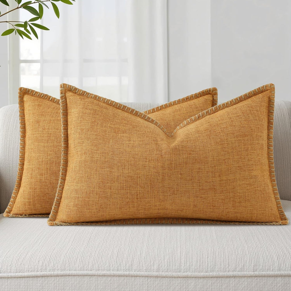decorUhome Summer Decorative Throw Pillow Covers 12x20 Set of 2 Lumbar Faux Linen Outdoor Neutral Farmhouse Pillow Covers with Stitched…