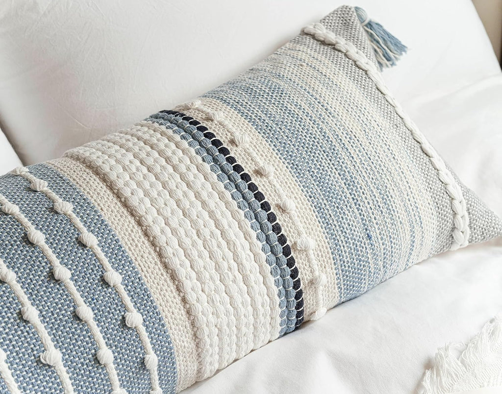 BlissBlush Coastal Blue Decorative Lumbar Pillow Cover 14x36 Boho Long Body Pillow for Bed Farmhouse Lumbar Throw Pillow for Couch Modern…