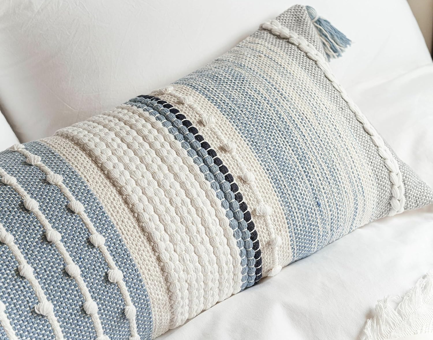 BlissBlush Coastal Blue Decorative Lumbar Pillow Cover 14x36 Boho Long Body Pillow for Bed Farmhouse Lumbar Throw Pillow for Couch Modern…