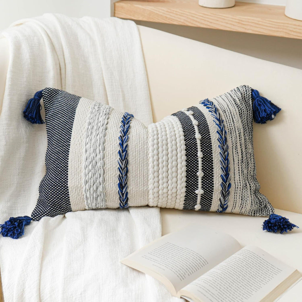 BlissBlush Decorative Lumbar Throw Pillow Cover 14x24 Boho Dark Blue Accent Cushion for Couch Sofa Farmhouse Pillowcase for Bedroom…