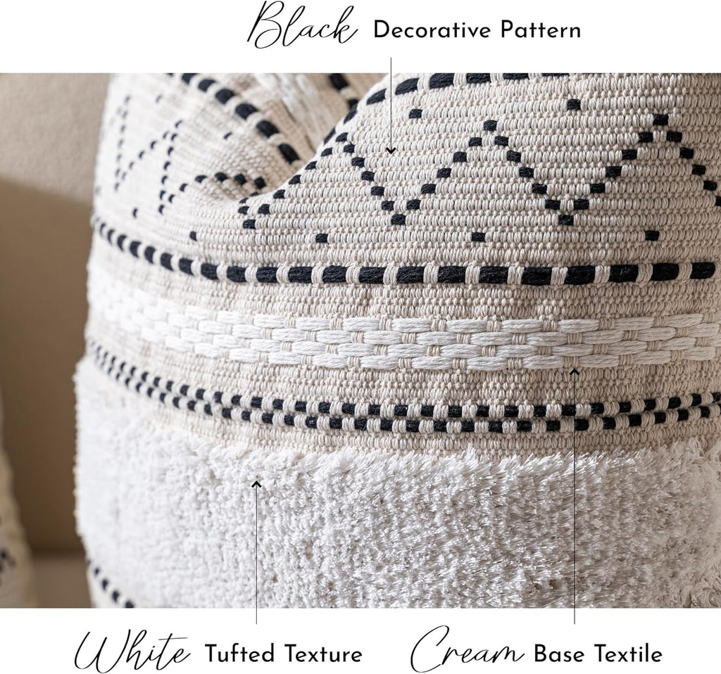 BlissBlush 20X20 Throw Pillow Cover, Cream Neutral Square Decorative Cushion Cover with Black Pattern, Boho Accent Pillowcase with Tufted…