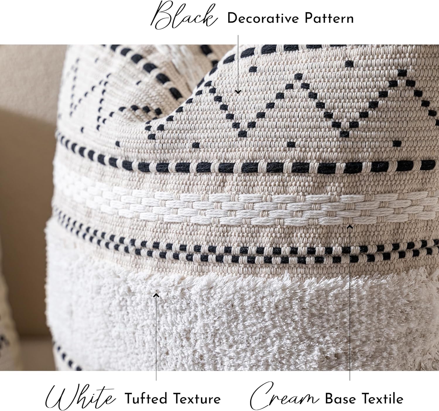 BlissBlush 20X20 Throw Pillow Cover, Cream Neutral Square Decorative Cushion Cover with Black Pattern, Boho Accent Pillowcase with Tufted…