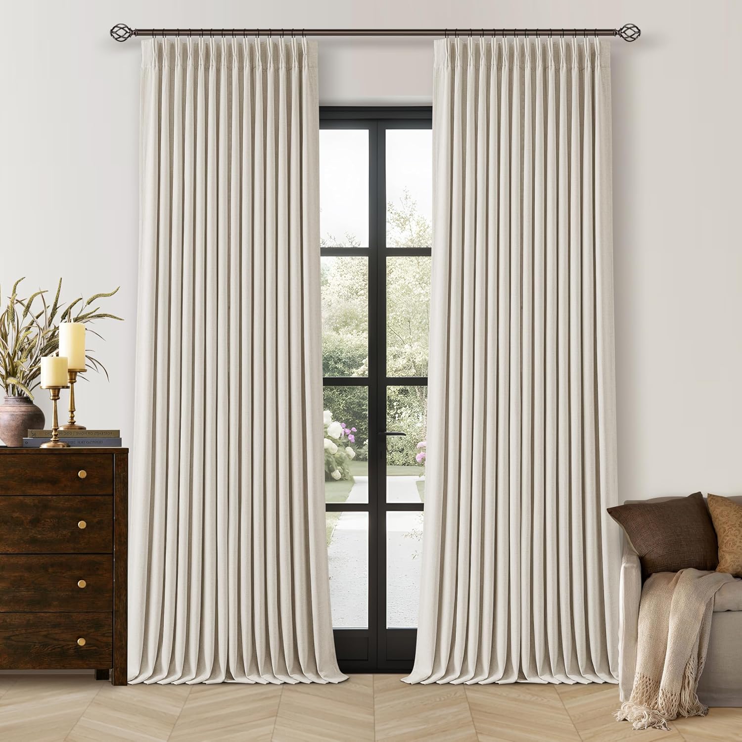 TWODRAPES 92 Inch Long Pinch Pleated Blackout Curtains for Bedroom Living Room, Natural Beige Linen Blend 100% Blackout Sliding Door…