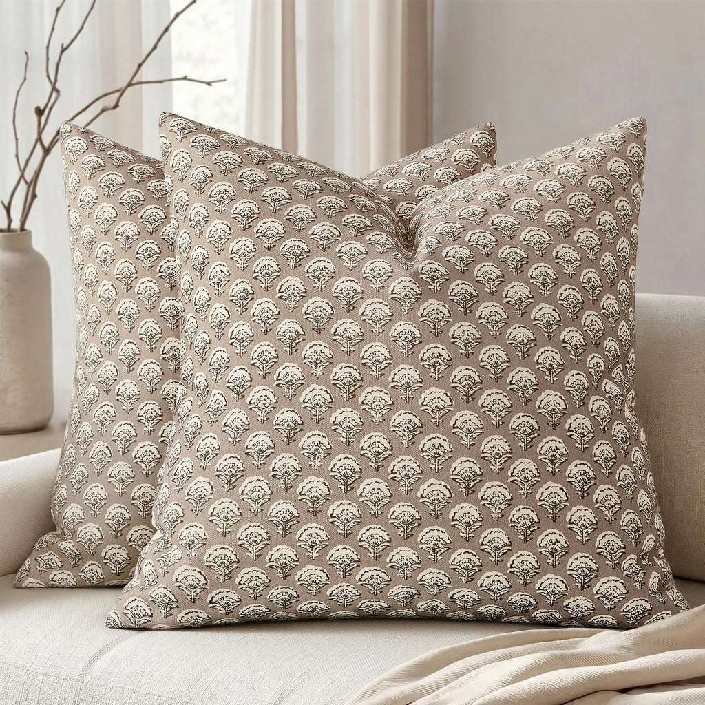 MIULEE Set of 2 Decorative Floral Pillow Covers Neutral Vintage Throw Pillows Block Print Boho Farmhouse Cushion Covers for Modern Spring…