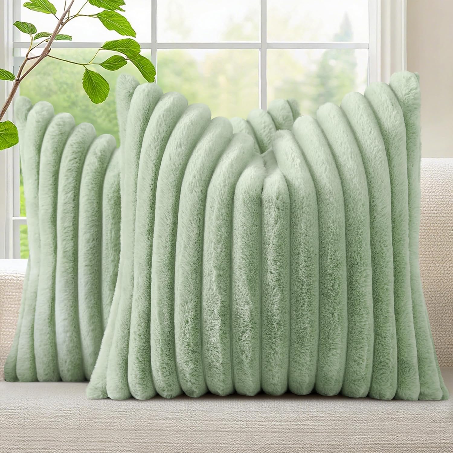decorUhome Summer Cozy Faux Fur Throw Pillow Covers 24x24 Set of 2 Decorative Plush Striped Modern Farmhouse Boho Couch Euro Sham Pillow Ca…